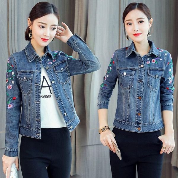 

women's jackets streetwear slim long sleeve casual chic jacket coat women spring jean plus size multi floral embroidered denim, Black;brown