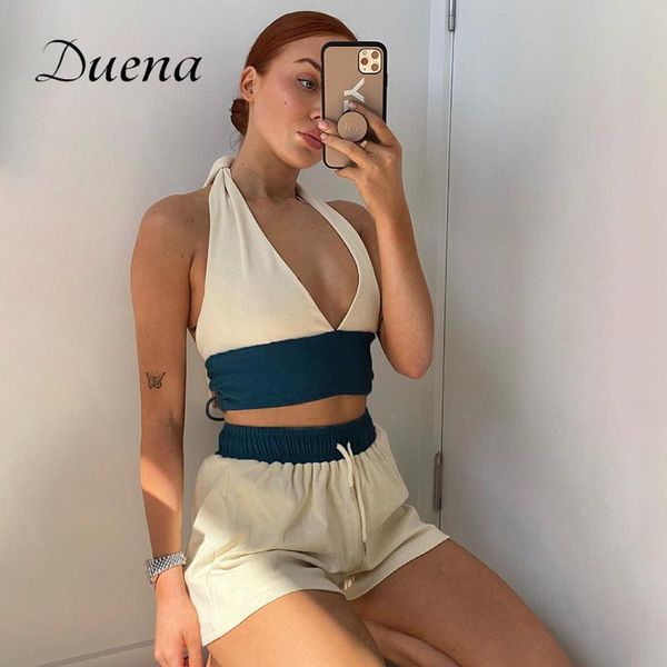 

women's tracksuits duena backless shorts sets woman 2021 halter neck off shoulder two pieces velvet knitted tennis sport women trac, Gray