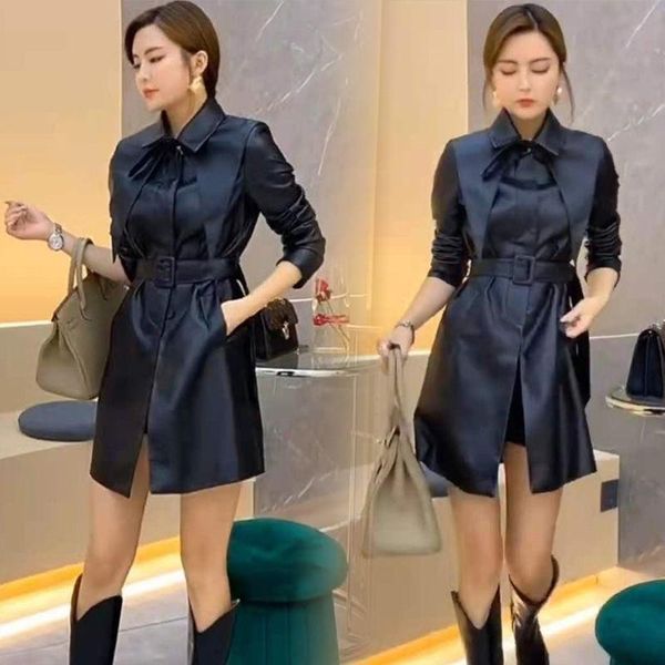 

women's leather & faux black trench coat women 's mid-length autumn clothes pu korean style lace -up fashion overcoat