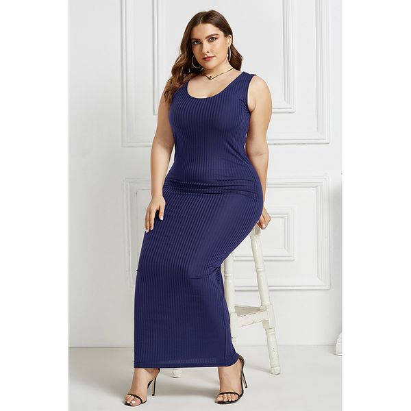 

summer polyester cotton u-neck dress solid color long skirt sleeveless simple plus size, Black
