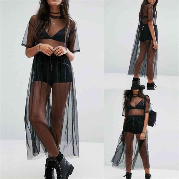 

black gauze women mesh sheer long casual loose transparent, White