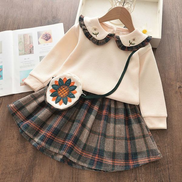 

melario girls clothes autumn long sleeve girl clothes plaid skirt with bag 3pcs kids clothes costumes suit 3 7y 210412, White
