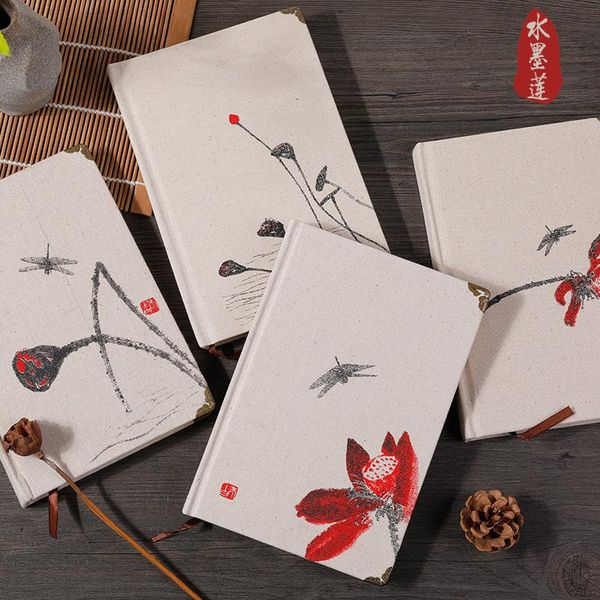 

creative chinese style retro linen cover notebook ink painting lotus flowers thickened hand book schedule plan student gift notepads, Purple;pink