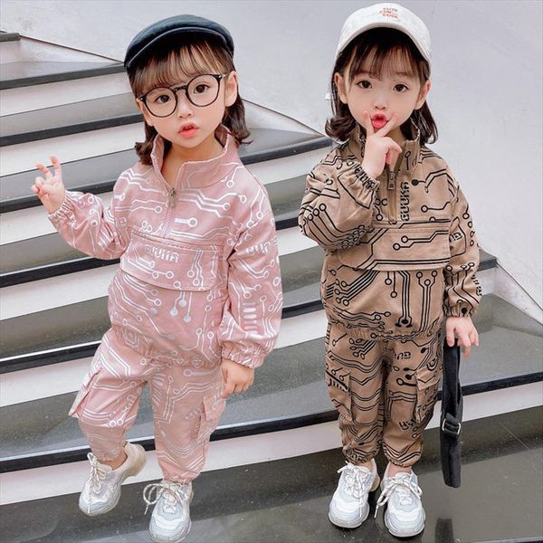 

spring autumn children sports clothing sets boys girls printed sweater pants 2pcs outfits kids casual pockets tracksuit clothes, White