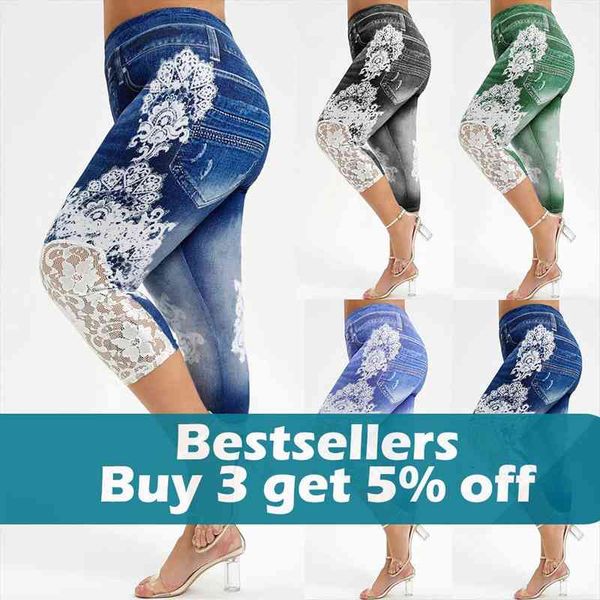 

jeans leggings jeans grande taille pour femme women plus size lace print splice elastic waist leggings jacquard womens pants, Black