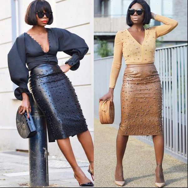 

pu leather pencil high waist womens skirts elegant office work wear pearl beading embellished split midi, Black