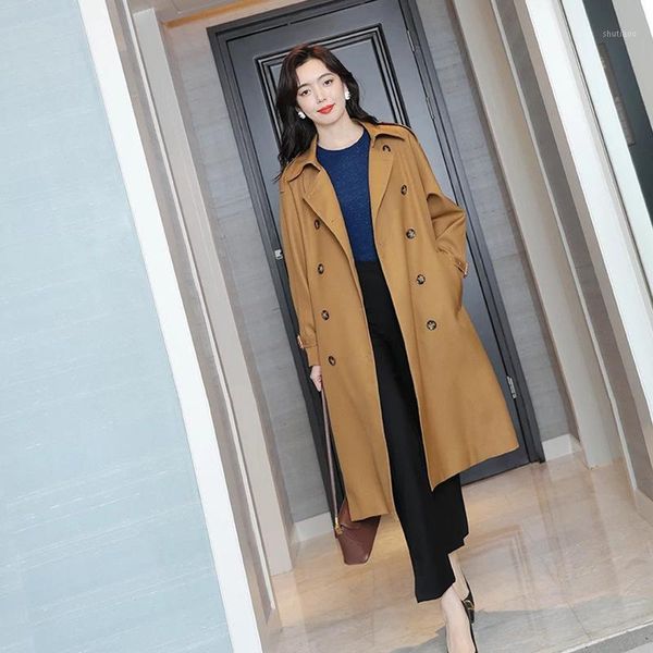 

women's wool & blends 2021 classic medium length with belt, waist closed, thin, knee windbreaker coat, qiuxin, Black