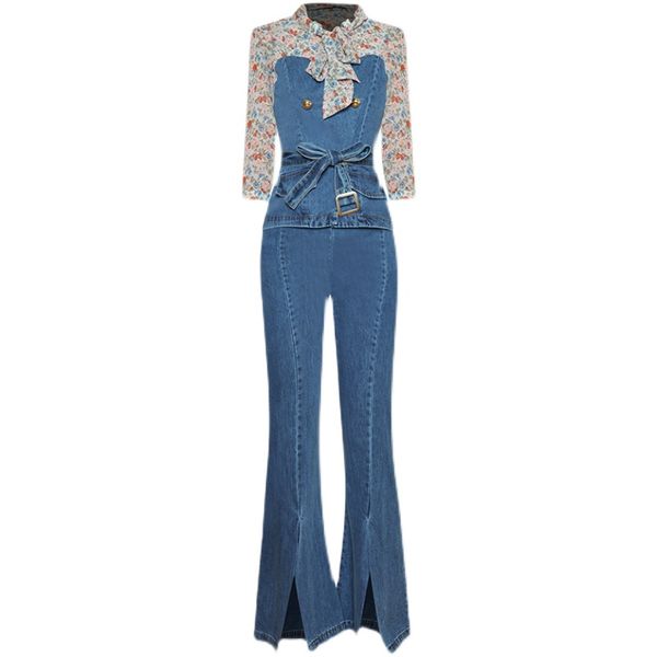 

leading three-quarter sleeve printed stitching tied split trousers fashion denim suit 2021 early autumn new, Black;gray