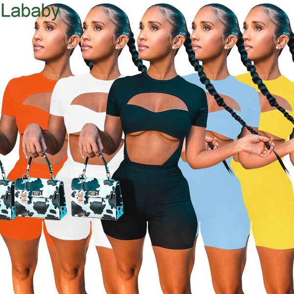 Kadın Tracskuits İki Adet Set Tasarımcı Katı Renk Tulumlar Ince Seksi Oyulmuş Bodysuits Parti Clubwear Bayanlar Artı Boyutu Tulum
