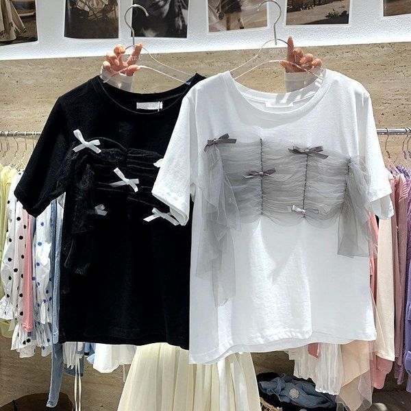 

women's t-shirt summer white patchwork bowknot mesh for women o neck short sleeve casual korean t shirt female fashion clothing