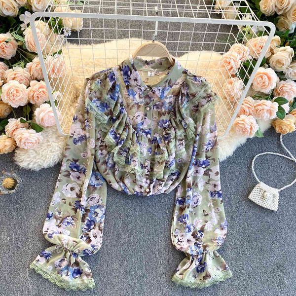 

women's blouses & shirts lady fashion chiffon long sleeve shirt lace ruffle slim fit print spring elegant blouse clothings q9, White