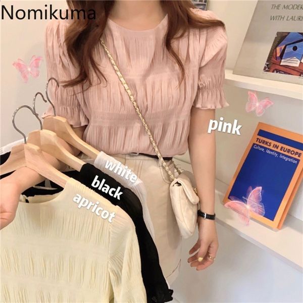 

nomikuma chic blouse women chemises femme o neck short sleeve unicolor sweet summer shirts korean style blusas mujer 210514, White