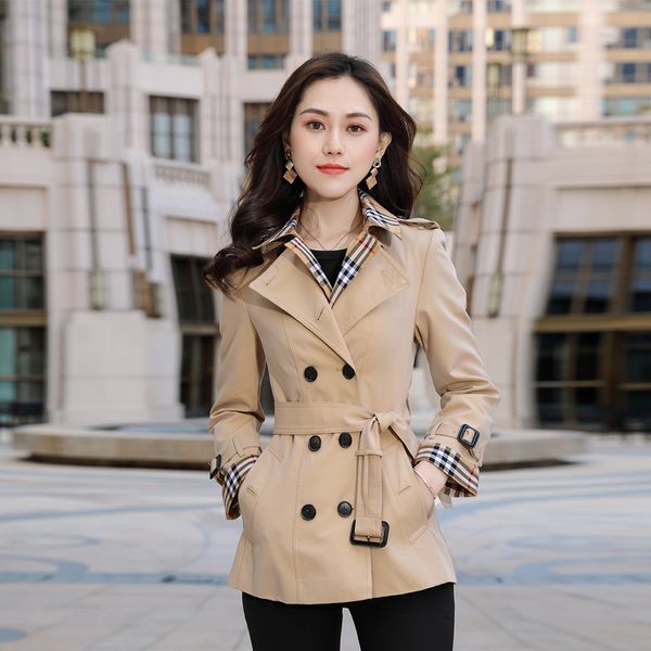 

women's trench coats short classic windbreaker waterproof british high-end english style autumn winter gabadian solid color size coat a, Tan;black