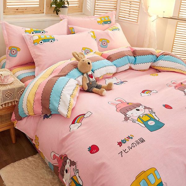 

sheets & sets cute girl pink cotton bedding set 100% rainbow duvet cover, sheet four seasons three-piece 1.8