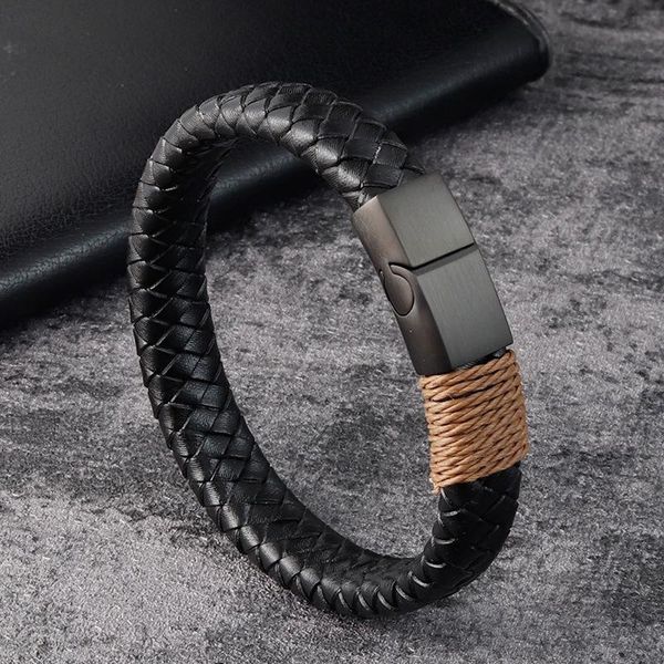 

charm bracelets vintage leather bracelet punk black stainless steel magnetic clasp braided bangle for men trendy male jewelry party gift, Golden;silver