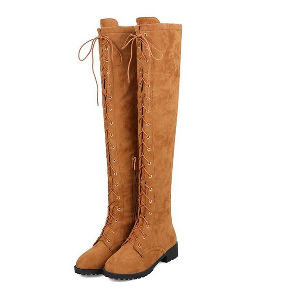 

boots women's retro knight cross strap square heel riding vintage solid faux suede over the knee botas mujer, Black