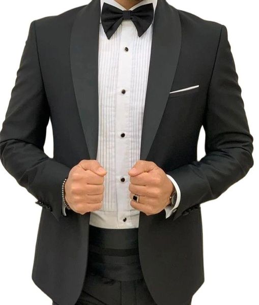 Abiti da uomo Blazer Business Nero Scialle Risvolto Singolo Bottone Uomo Custom Made Terno Masculino Smoking Sposo Matrimonio Prom Blazer 2 Pz Slim F