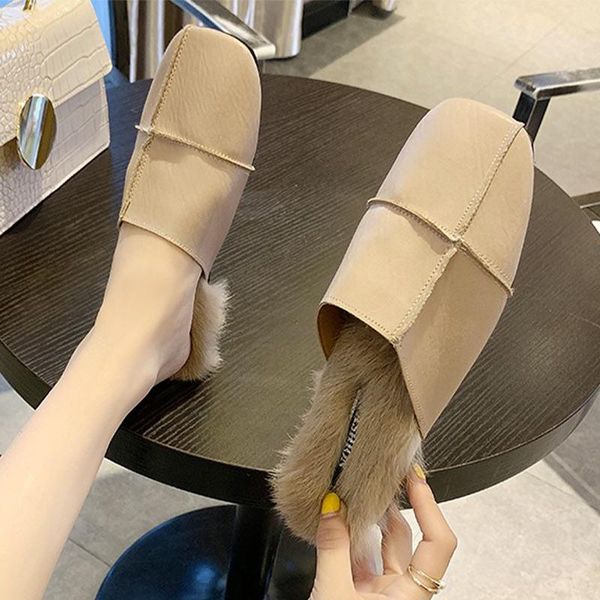 

faux fur women slippers autumn fashion mules ladies pu leather footwear 2021 female shoes casual comfortable square toe flats, Black