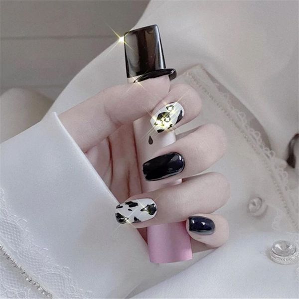 

false nails 24pcs fake with glue cow pattern short wear-resistant nail stickers finished press on designs to, Red;gold