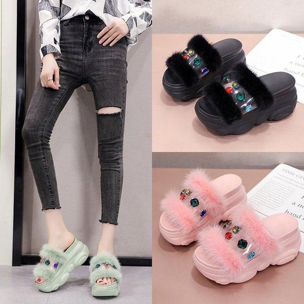 

woman slipper rhinestones hair thick bottom shoes for women high heel ladies platform peep toe slides zapatillas mujer slippers, Black