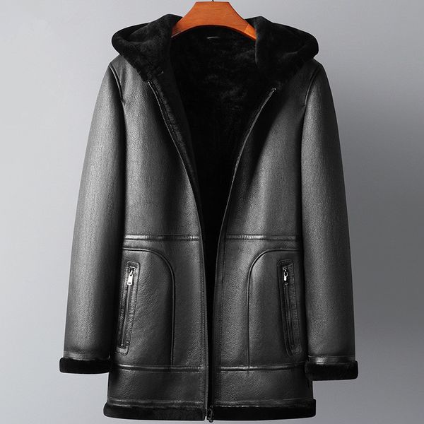 

hooded leather jacket winter coat mens thick and warm real fur jackets windbreakers plus size l-5xl black overcoat outerwear zipper