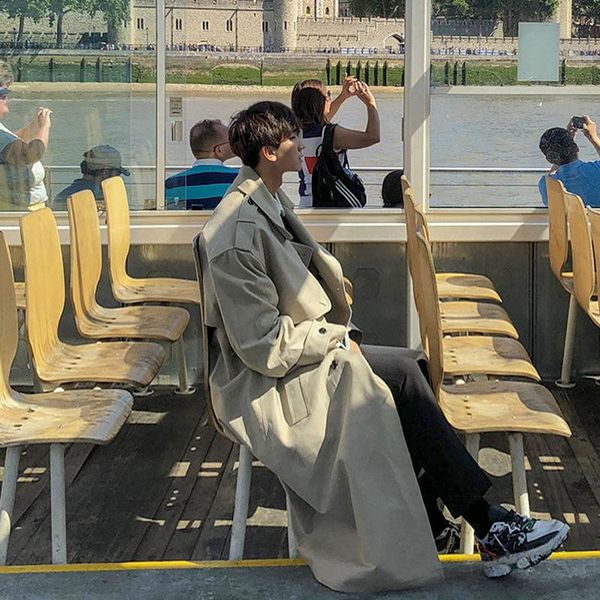 

men's trench coats handsome windbreaker autumn korean trendy coat jacket knee-length mid-length thin section, Tan;black