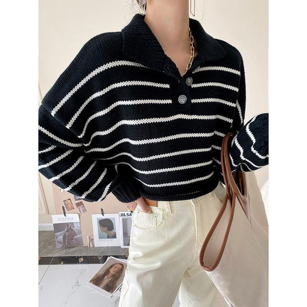 

women's sweaters turn down collar short women stripe sweater 2021 autumn winter high waist long sleeve knit street casual knitwear, White;black