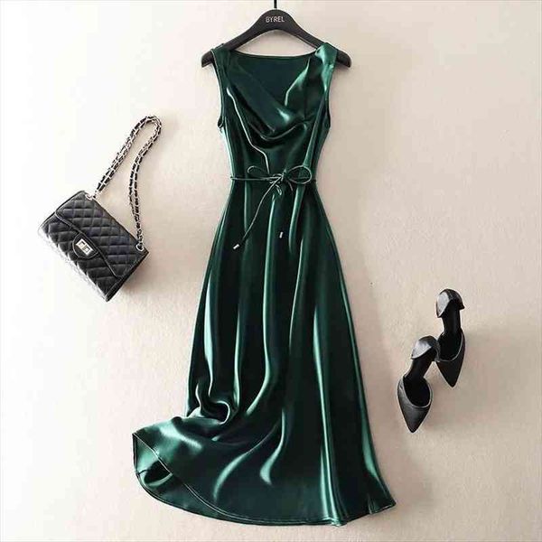 

vintage maxi satin dress women summer elegant lace-up sleeveless evening party dress swinging collar loose long tank, Black;gray