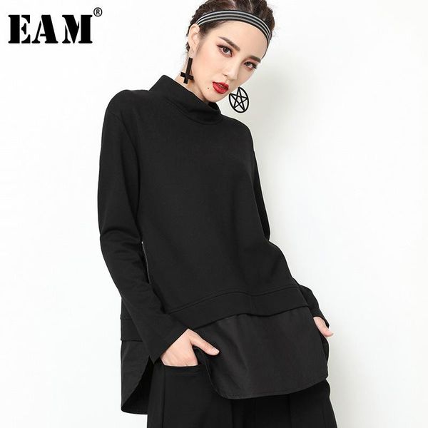 

women's hoodies & sweatshirts [eam] 2021 spring autumn high collar long sleeve black loose hem split joint sweatshirt women fashion tid