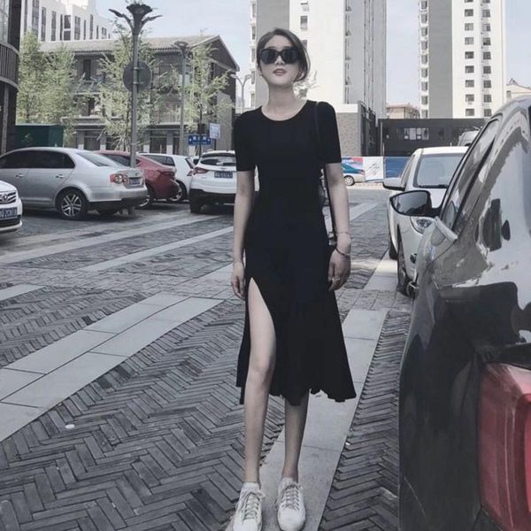 

summer 2021 high split black beach dress women o-neck elegant party dresses short sleeve plus size#j30, Black;gray
