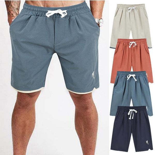 

men's shorts men summer casual five-point solid color embroidery drawstring pocket sports straight-leg fashion beachwear, White;black