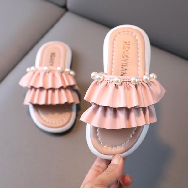 

girls sandals slides kids summer beach pleated ruffles princess sweet slippers for bath swimming indoor outdoor slipper, Black;grey