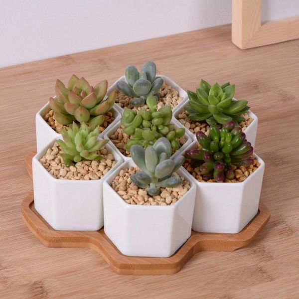 

set of 4/7/9/10 hexagon flowerpots white ceramic succulent plant pot with bamboo stand home office christmas year decoration planters & pots
