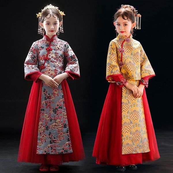 

children chinese retro style qipao skirts kids princess party costume set tang suit girls cheongsams dress vintage vestidos ethnic clot, Red