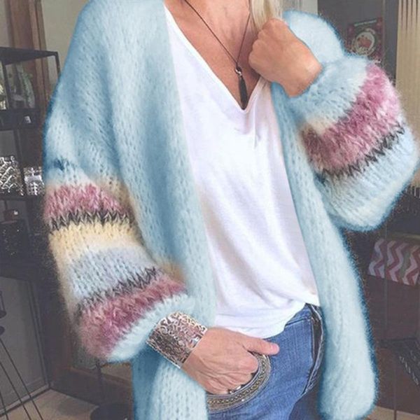 

women's knits & tees 2021 spring autumn women mohair cardigan sweaters candy color knit long lantern sleeve coat striped, White