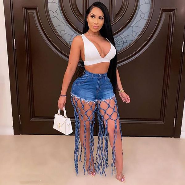 

women's jeans women summer shorts long tassel high waist casual zipper hollow out knotted street wear denim pants, Blue