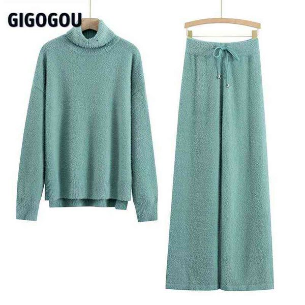 

women' tracksuit gigogou luxury cashmere minsk women wide leg pant suit thick warm turtleneck sweater 2/two piece set clothing 220128, Gray