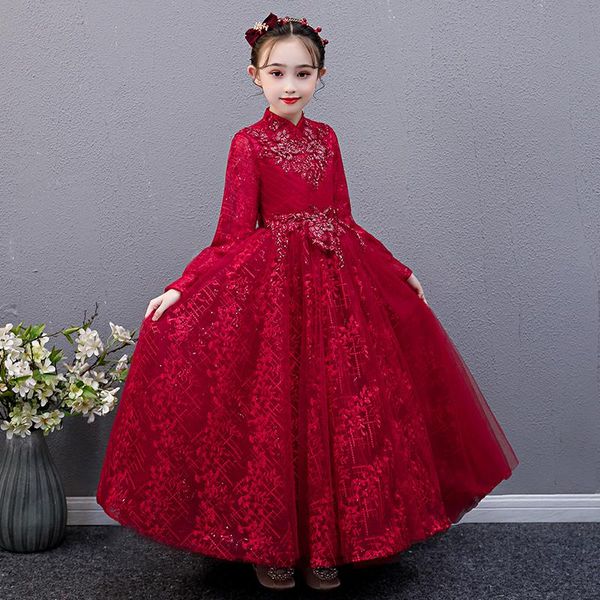 

girl's dresses flower girl dress illusion appliques sequined high beading embroidery princess floor-length tulle lace full kids party g, Red;yellow