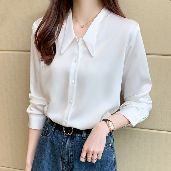 

korean women silk shirts white shirt woman long sleeve satin blouse chiffon blouses plus size ladies xxl 210427