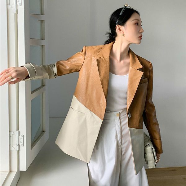 

women's leather & faux [ewq] women designer ladies coat jacket high street fashion autumn patchwork blazer wzum, Black