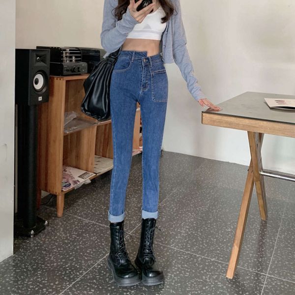 

pants, small leg jeans, spring and autumn nine point high waist, thin, Blue