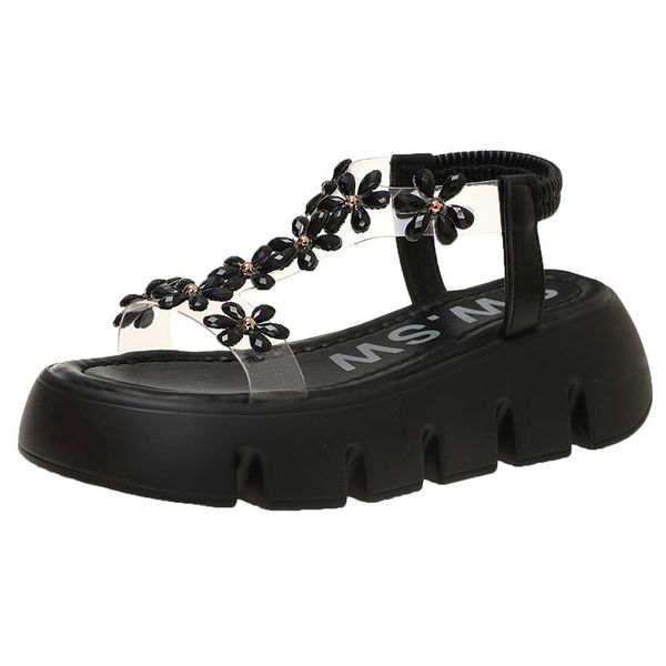 

fashion open toe women's sandals sweet vamp flower rhinestones embellishment platform cute all-match 2021, Black