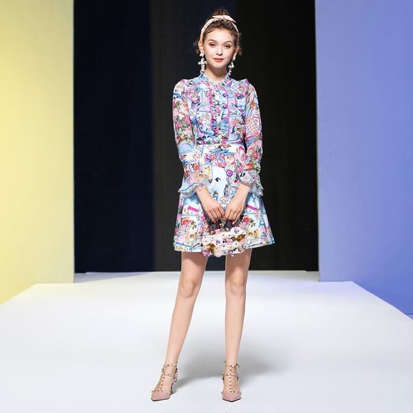 

designer spring lace ruffled chiffon long sleeve floral print fashion vintage elegant women's dresses knee length casual, Black;gray