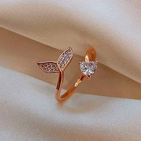 

fashion mermaid heart rings for women jewelry r creativity luxury micro-inlaid zircon woman's gift cluster, Golden;silver