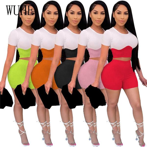 

women's tracksuits yeya contrast stitching two suits patchwork o neck short sleeve crop tight bag hip pants casual joggers fitness spor, Gray