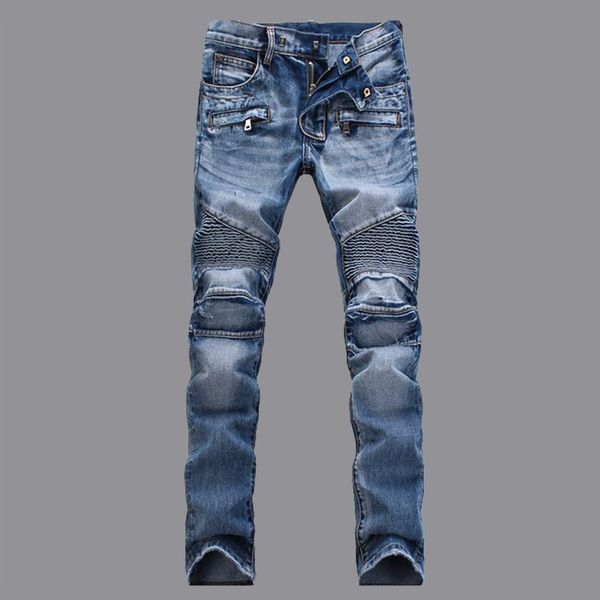 

men's light pleated slim straight motorcycle pants jeans, Blue