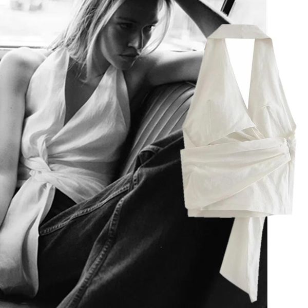 

women's blouses & shirts dave&di summer blouse women ins blogger vintage linen bow halter blusas mujer de moda 2021 shirt blose and tan, White
