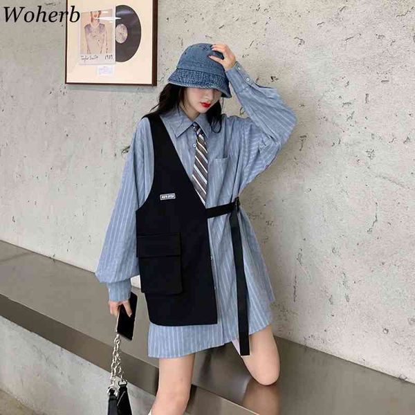 

spring blouses and shirts womentwo peices set vest + tie shirt vintage streetwear korean fashion female blusas 210417, White