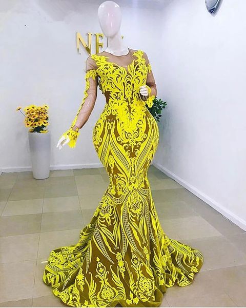 Abiti da ballo eleganti in pizzo giallo Abiti da cerimonia a maniche lunghe trasparenti Plus Size Abiti da sera africani a sirena per ragazze nere