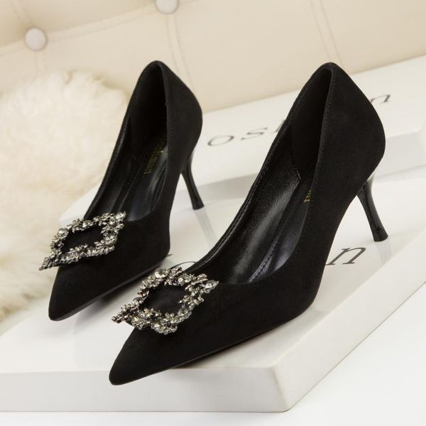 

dress shoes ladies high heels stiletto heel 2021 all-match pointed suede women's rhinestone girl mid-heel, Black